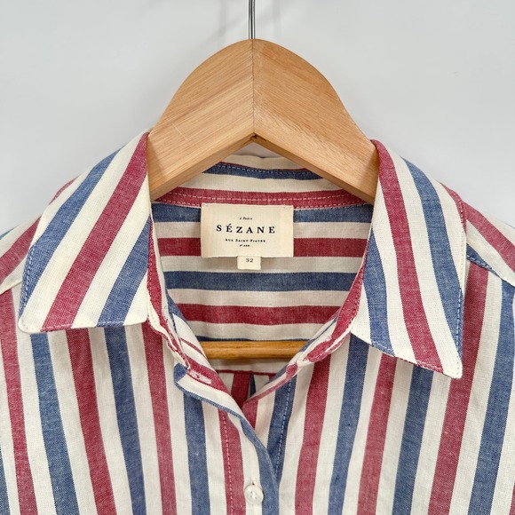 Sezane Max Shirt Red White Blue Striped Organic Cotton Button Down Size 32 US 0 - Picture 3 of 5